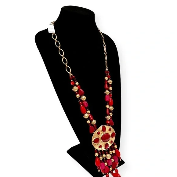 CHICO’s 35th Anniversary Merlot Red & Gold Statement Necklace | NWT | MSRP $119 - Picture 6 of 10